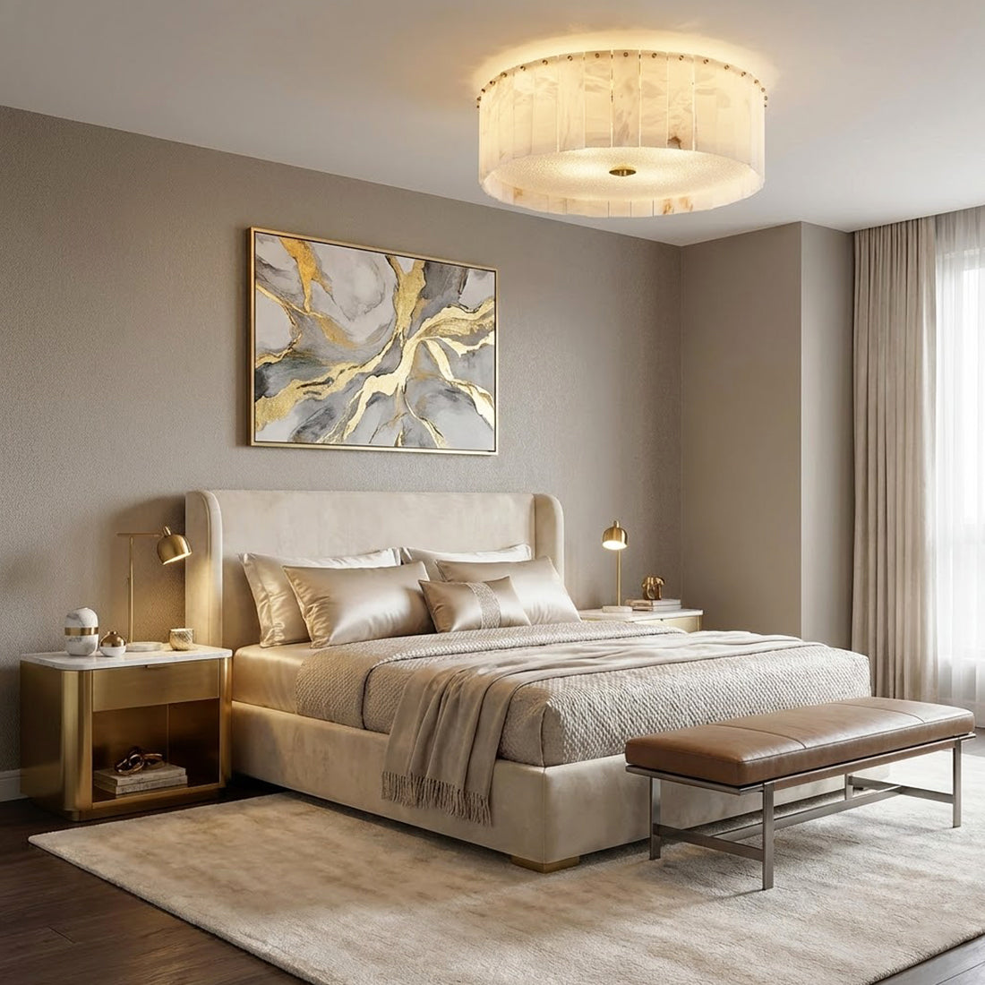 Alabaster Disc Flush Mount Ceiling Light - Modern Bedroom Abstract Gold Wall Art Upholstered Headboard | HoaiLamp