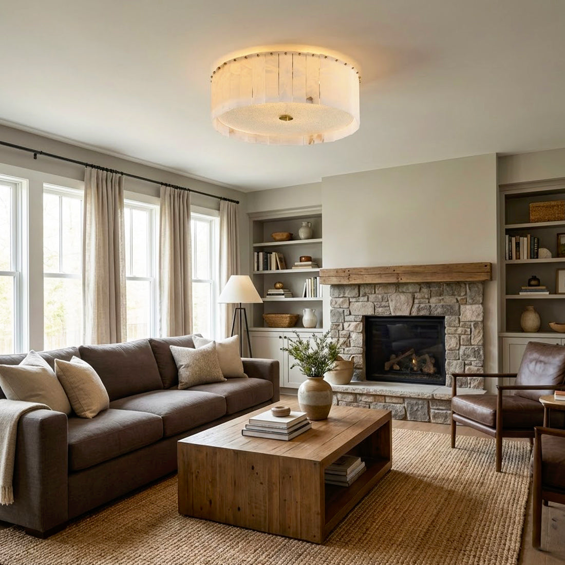 Alabaster Disc Flush Mount Ceiling Light - Traditional Living Room Rustic Stone Fireplace Leather Sofa | HoaiLamp