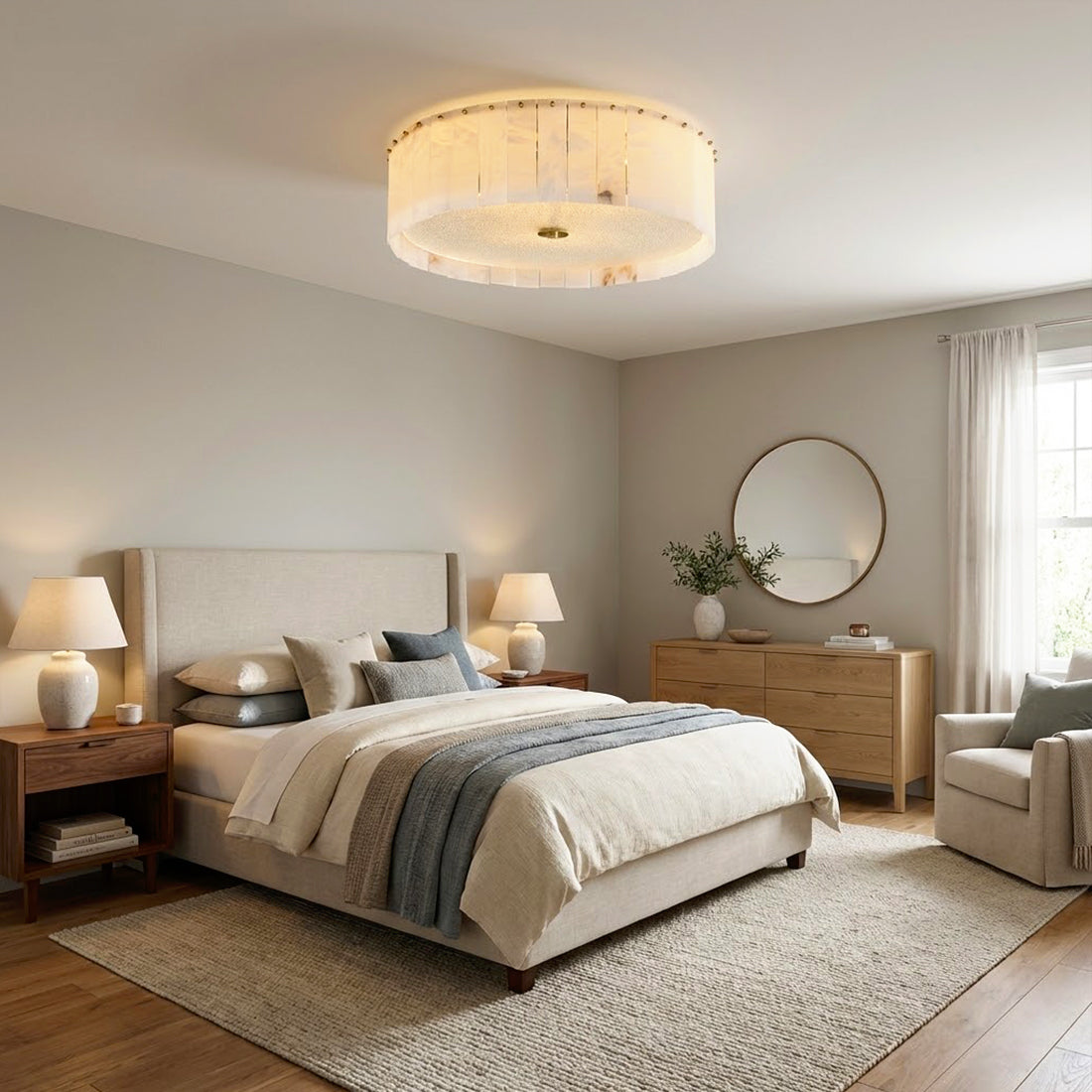Alabaster Disc Flush Mount Ceiling Light - Transitional Bedroom Upholstered Headboard Nightstand Mirror | HoaiLamp