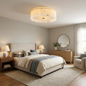 Alabaster Disc Flush Mount Ceiling Light - Transitional Bedroom Upholstered Headboard Nightstand Mirror | HoaiLamp