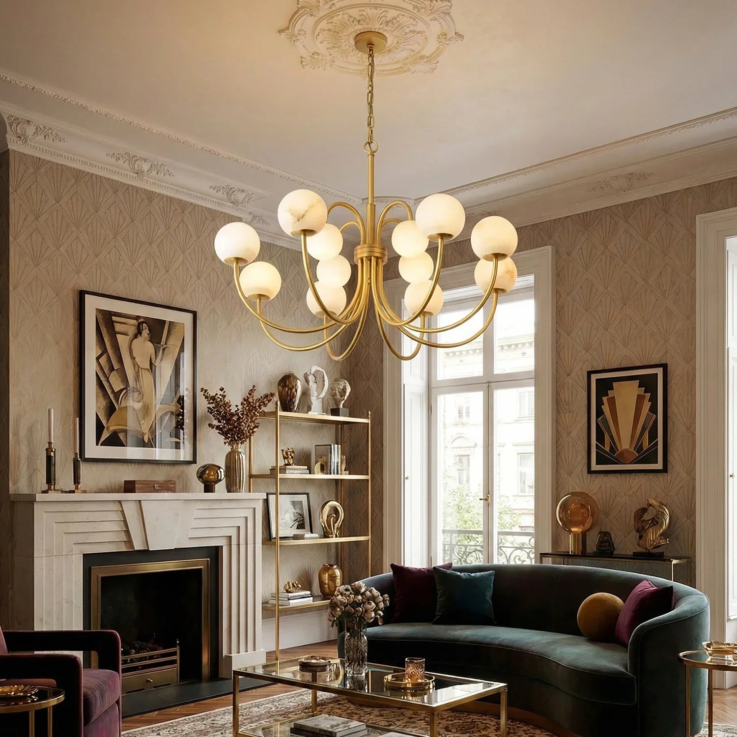 Alabaster Forked Radial Globe Chandelier