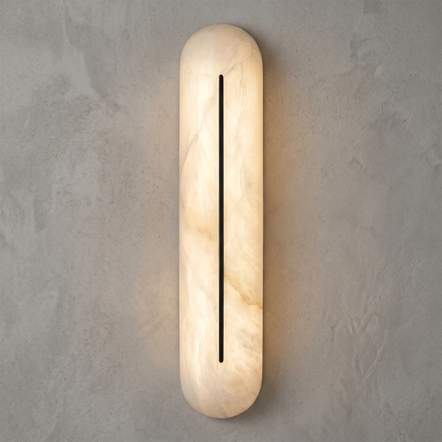 Front view of a Hoailamp black-slotted alabaster linear wall sconce illuminated with a warm glow
