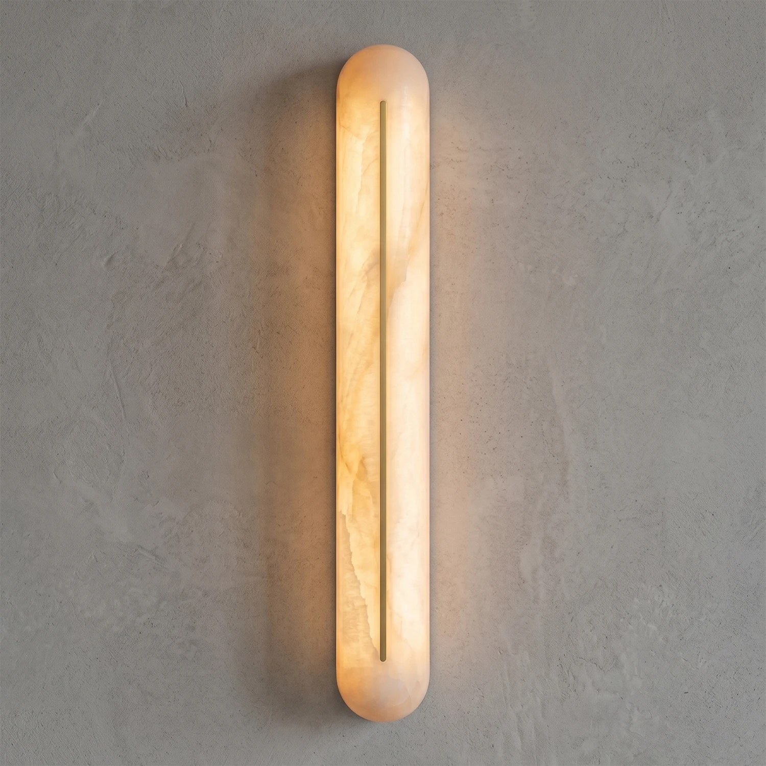 Front view of a Hoailamp brass-slotted alabaster linear wall sconce with a warm golden glow
