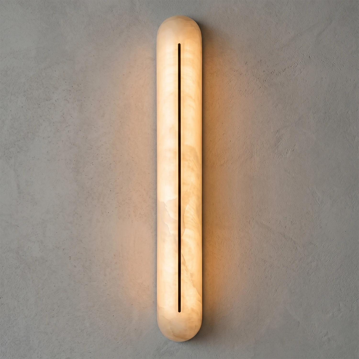 Hoailamp alabaster linear wall sconce brightly backlit, showing an intense halo glow through the stone