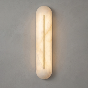 Hoailamp alabaster linear sconce softly illuminated, revealing organic cloudy veining in the stone