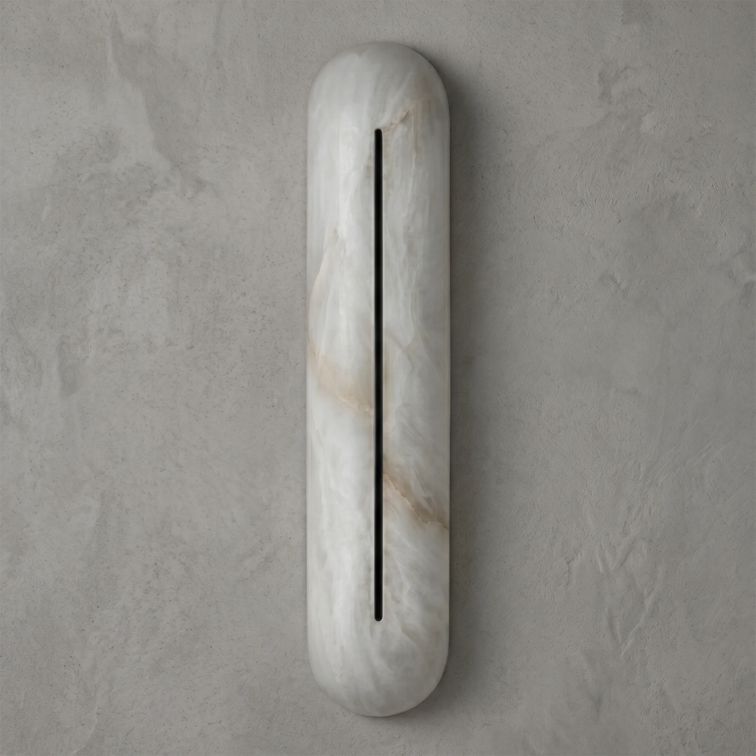 Hoailamp alabaster linear sconce with matte black slot unlit against a gray background