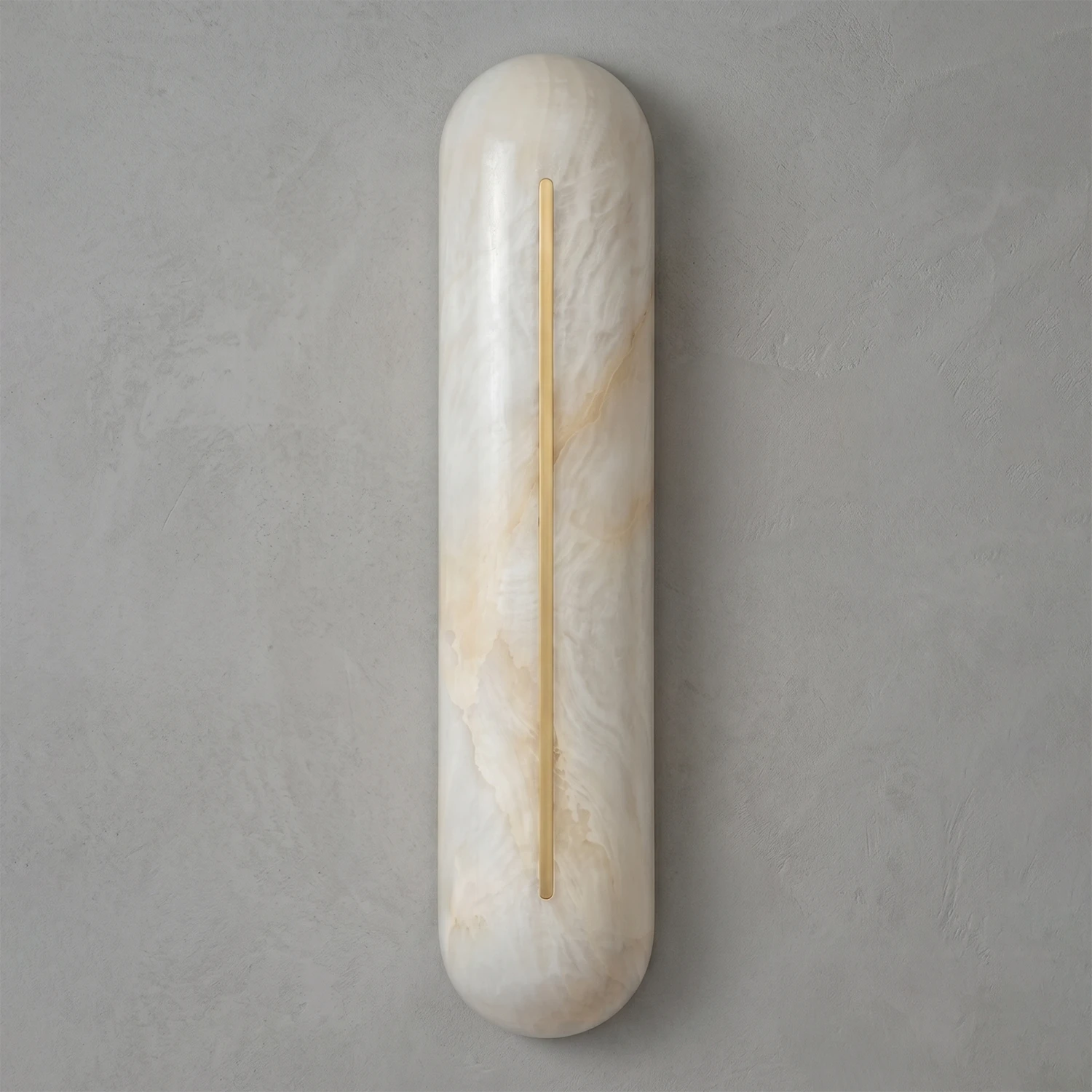 Unlit Hoailamp alabaster linear wall sconce showing natural white stone veining up close
