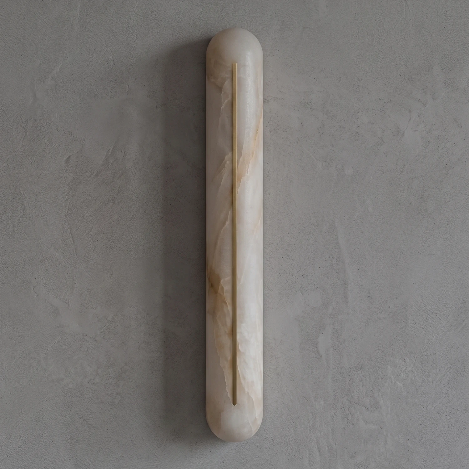 Front view of a Hoailamp brass-slotted alabaster linear wall sconce with a warm golden glow
