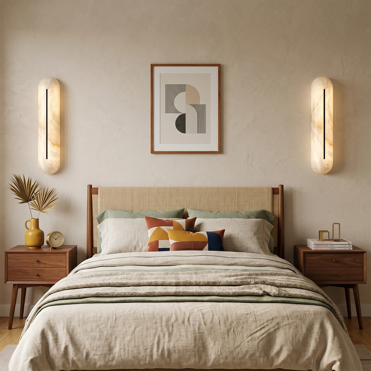 Pair of alabaster linear LED wall sconces by Hoailamp mounted symmetrically as bedside reading lights