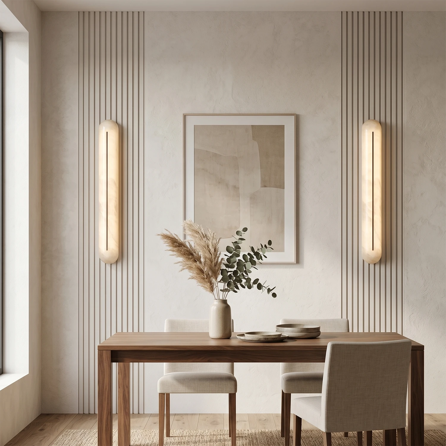 Hoailamp alabaster linear wall sconces lighting a dining room above a long wooden table