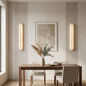 Hoailamp alabaster linear wall sconces lighting a dining room above a long wooden table