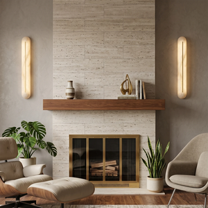 Pair of alabaster linear stone sconces by Hoailamp flanking a fireplace mantel in a living space