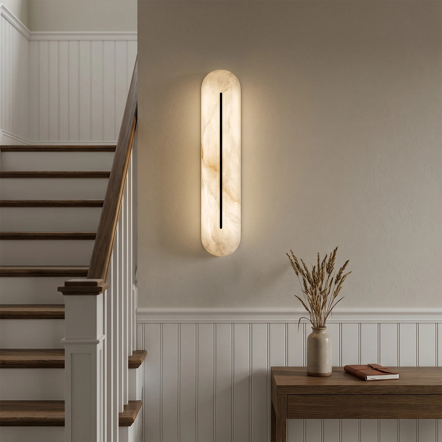 Alabaster linear LED wall sconce by Hoailamp illuminating a staircase landing beside wooden stairs