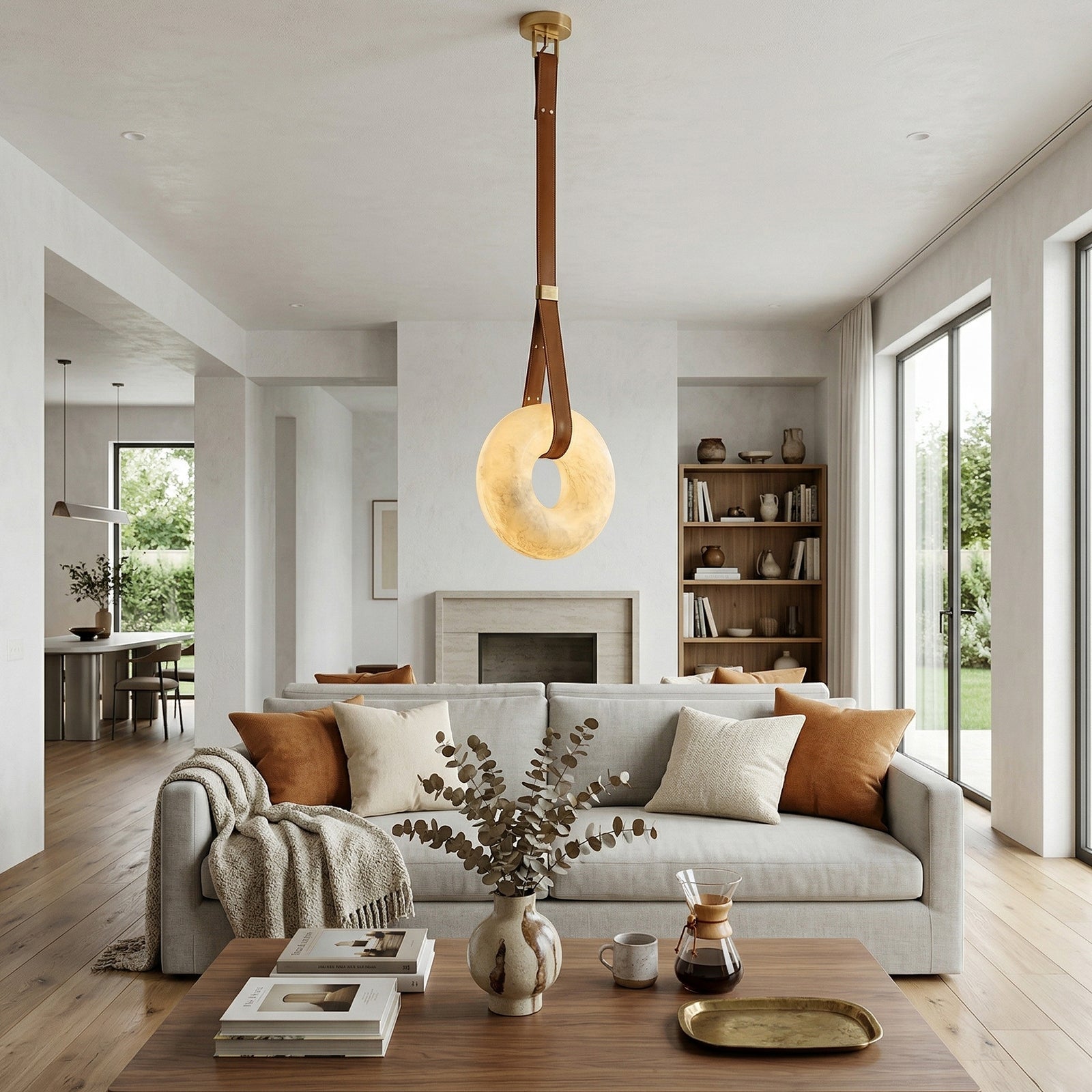 Alabaster Loop Leather Pendant - Modern Living Room Focal | HoaiLamp