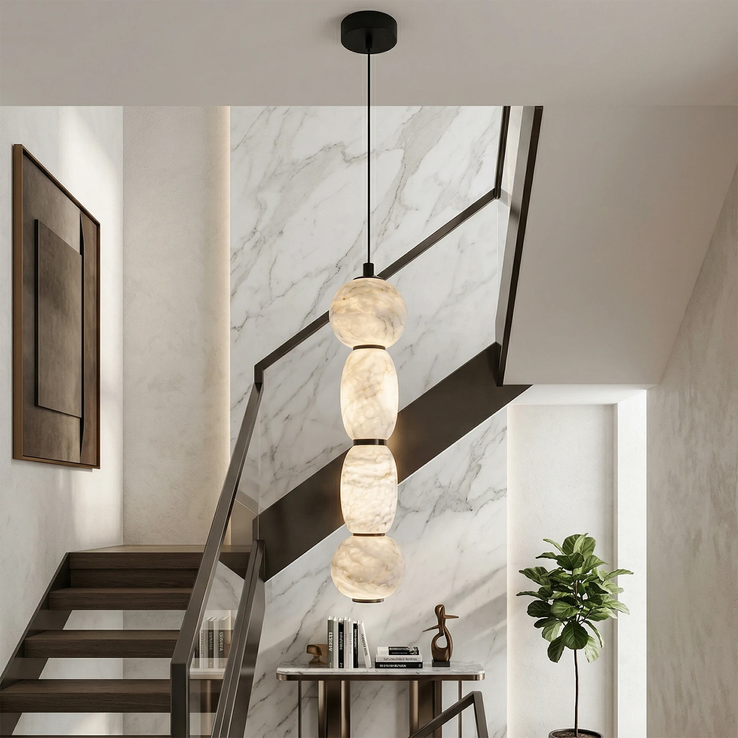 Alabaster Pendulous Pearl Pendant - Architectural Stairwell Accent | HoaiLamp