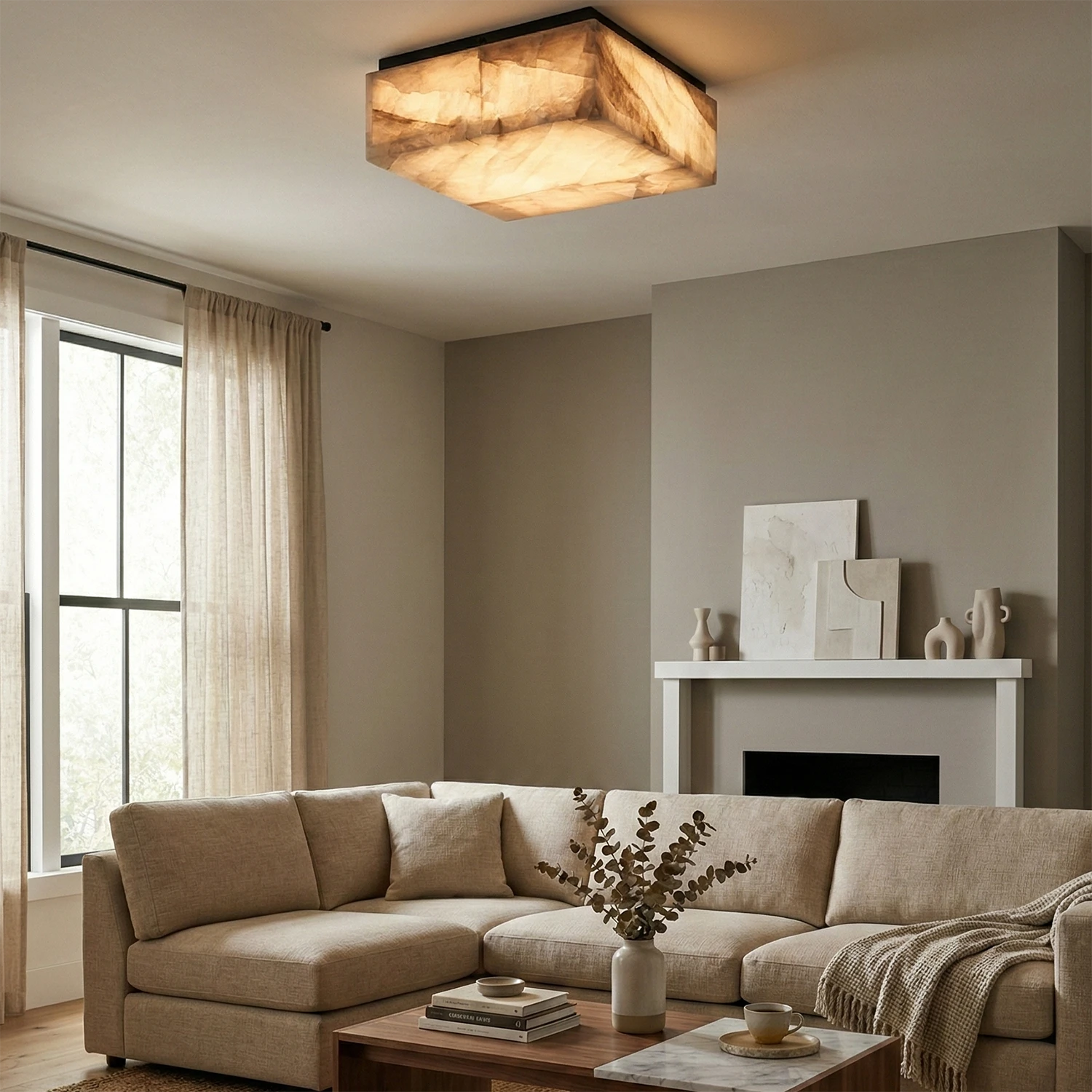 Alabaster Riviera Square Ceiling Lamp - Contemporary Living Room Flush Mount | HoaiLamp