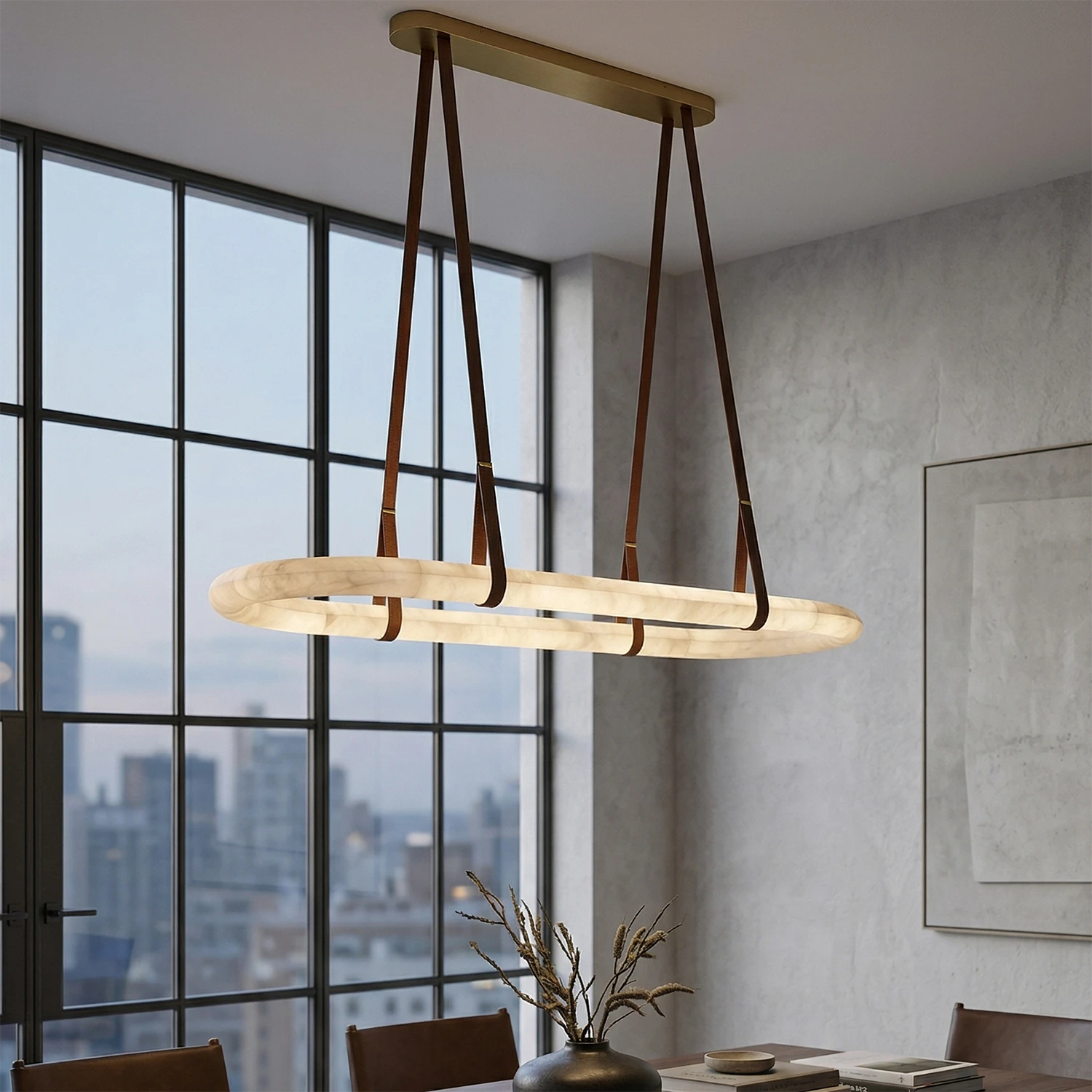 Alabaster Round Leather Chandelier - Urban High-Rise View | HoaiLamp