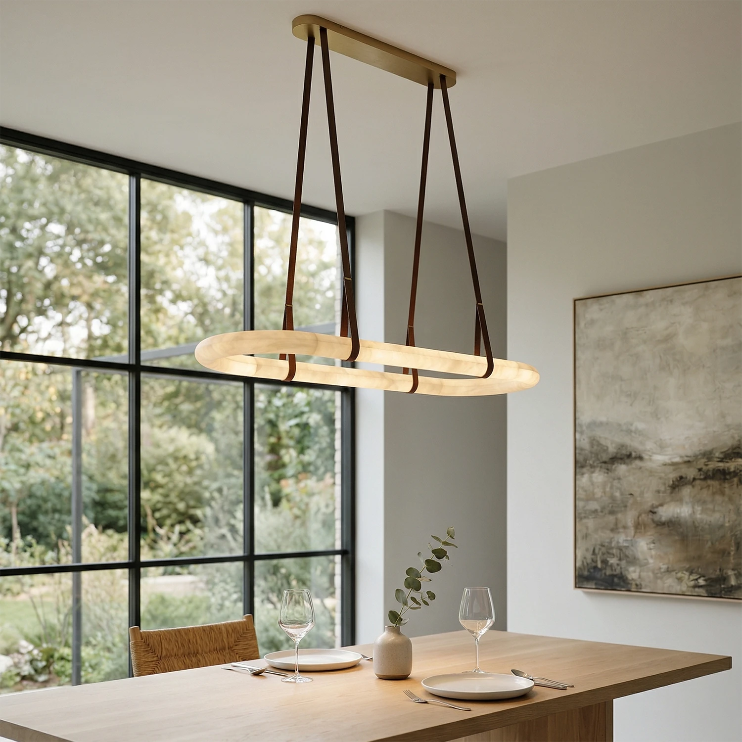 Alabaster Round Leather Chandelier - Sunlit Dining Perspective | HoaiLamp