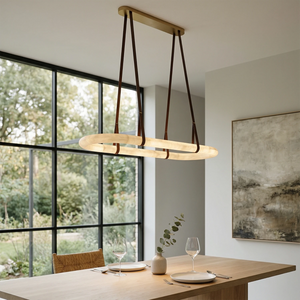Alabaster Round Leather Chandelier - Sunlit Dining Perspective | HoaiLamp
