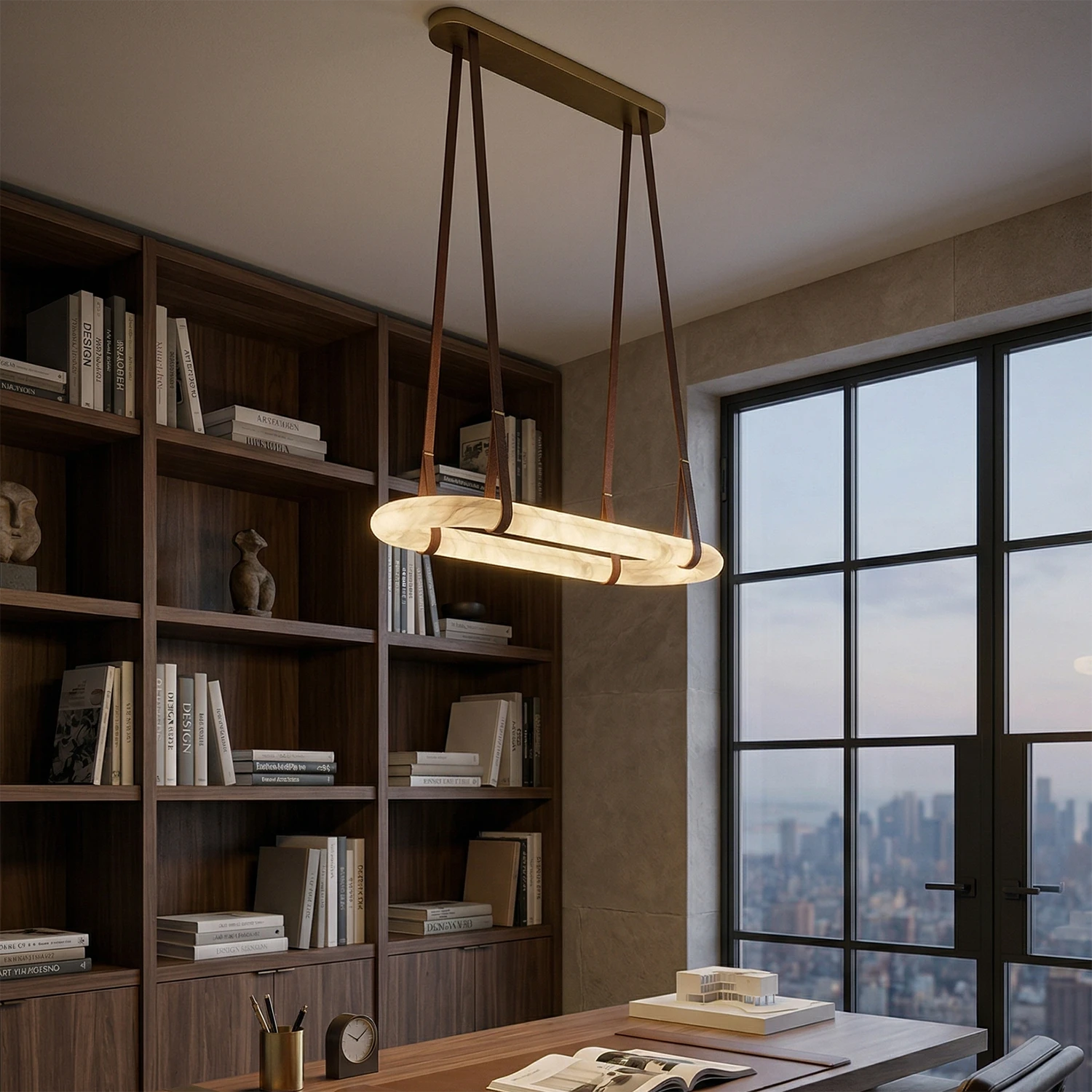 Alabaster Round Leather Chandelier - Sophisticated Executive Library | HoaiLamp