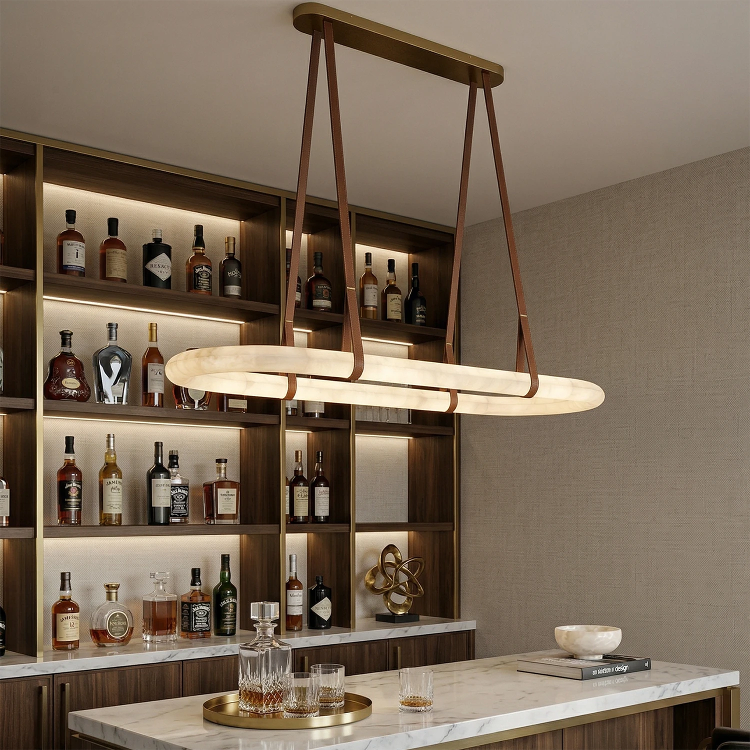 Alabaster Round Leather Chandelier - Sophisticated Home Bar | HoaiLamp