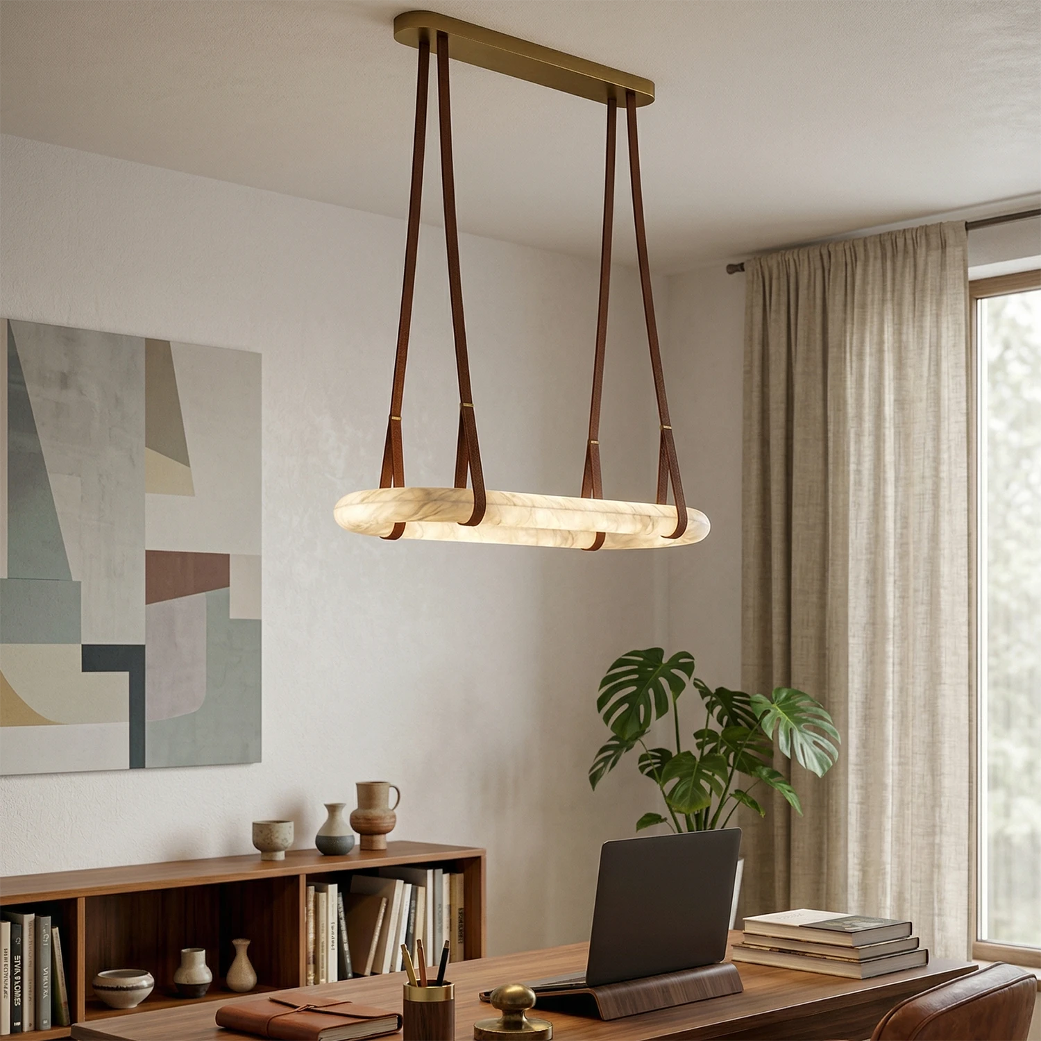 Alabaster Round Leather Chandelier - Zen Inspired Living Nook | HoaiLamp