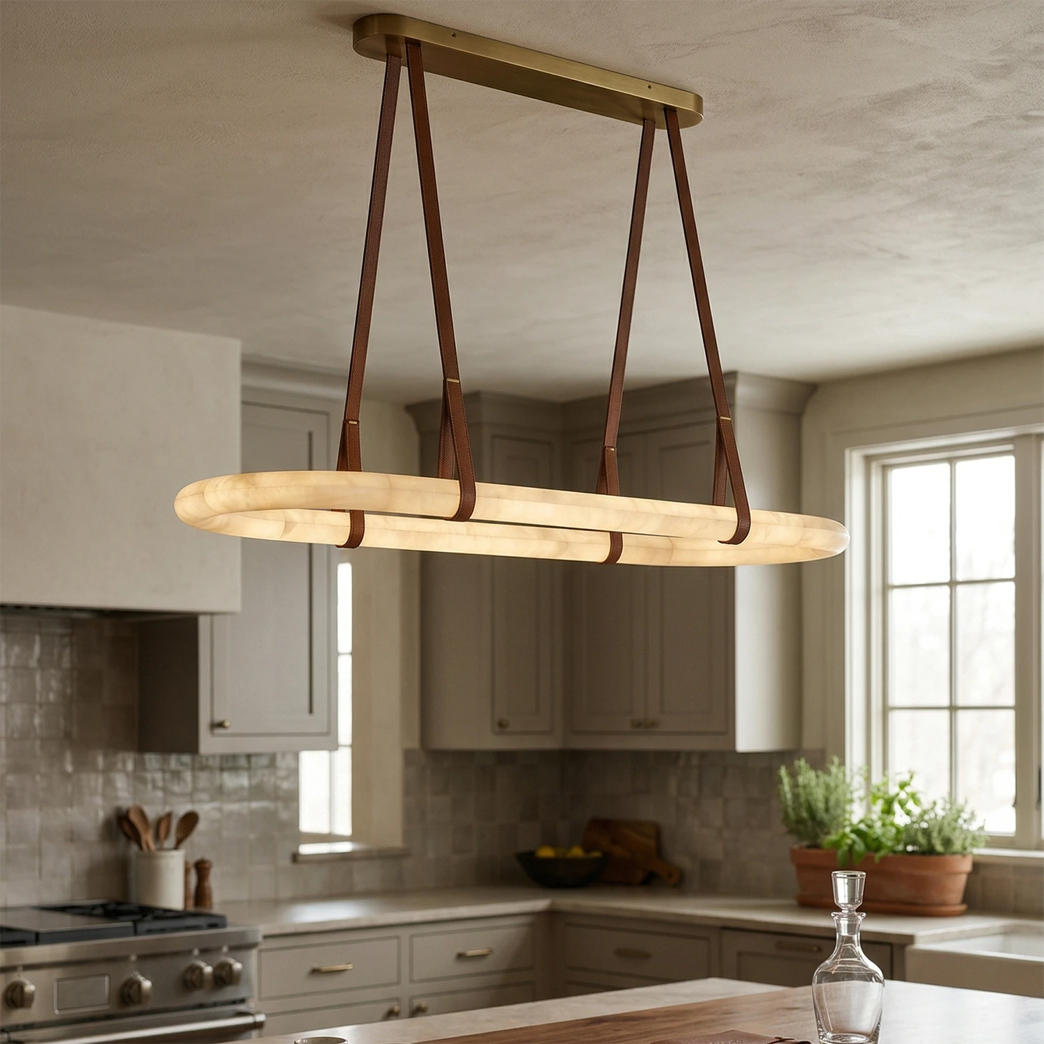 Alabaster Round Leather Chandelier - Rustic Culinary Focus | HoaiLamp