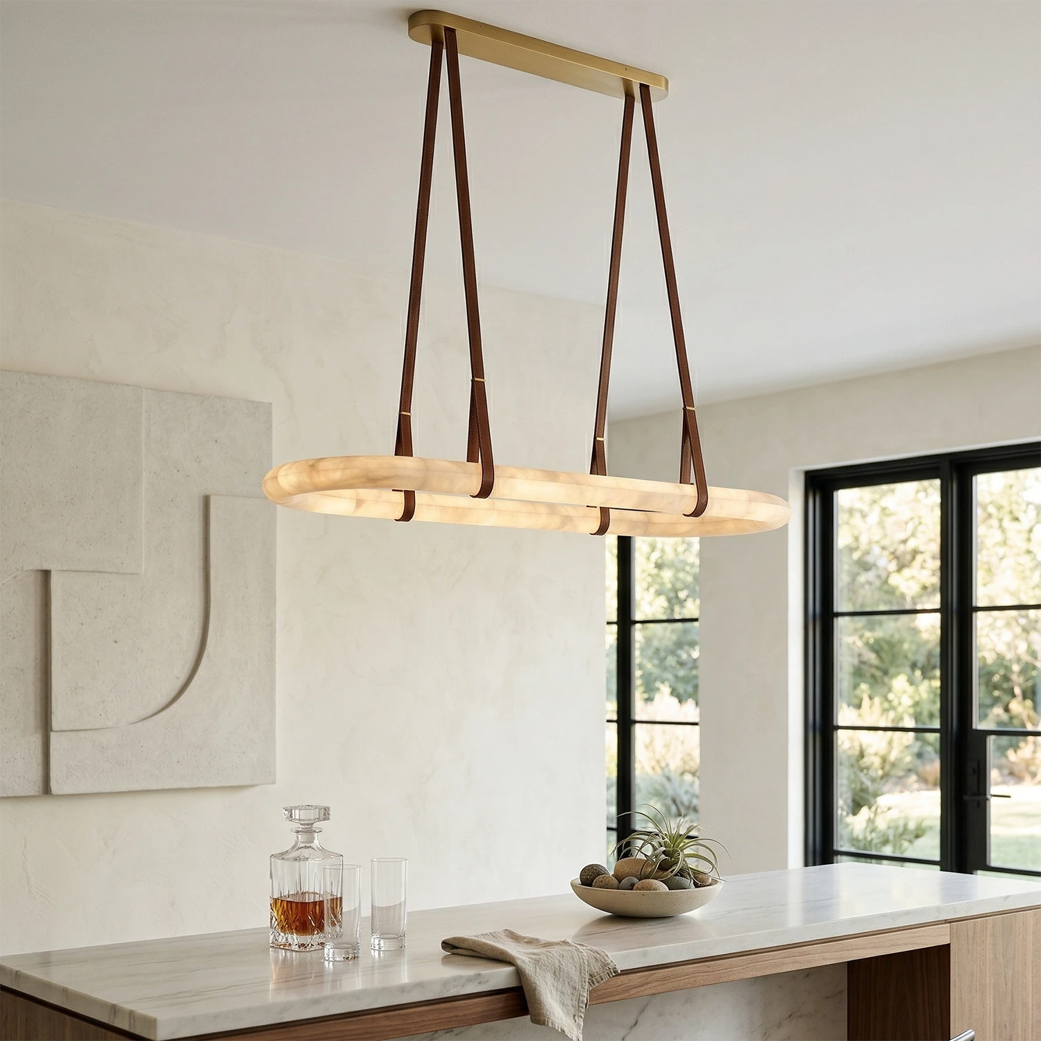 Alabaster Round Leather Chandelier - Minimalist Living Accent | HoaiLamp