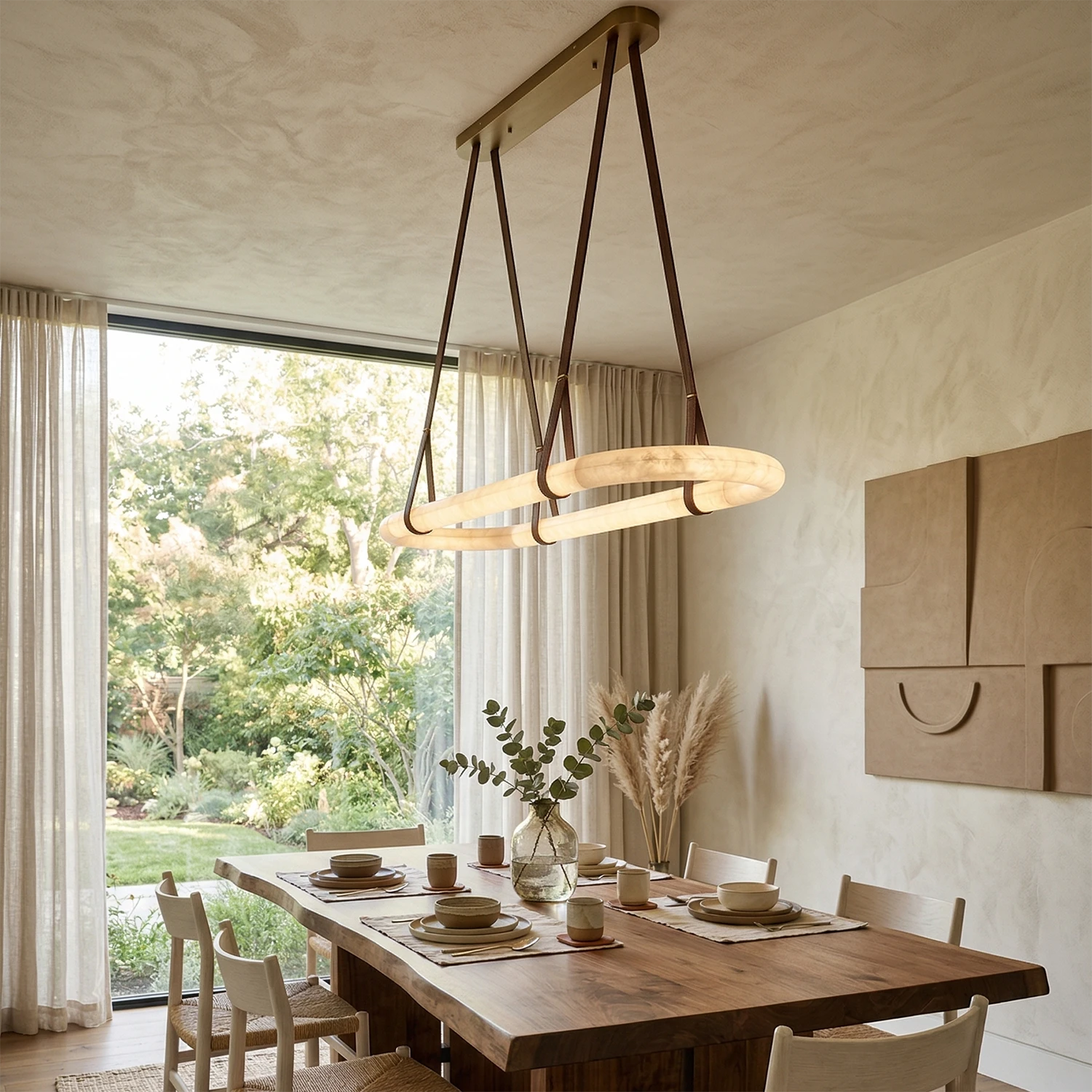Alabaster Round Leather Chandelier - Panoramic Dining Elegance | HoaiLamp