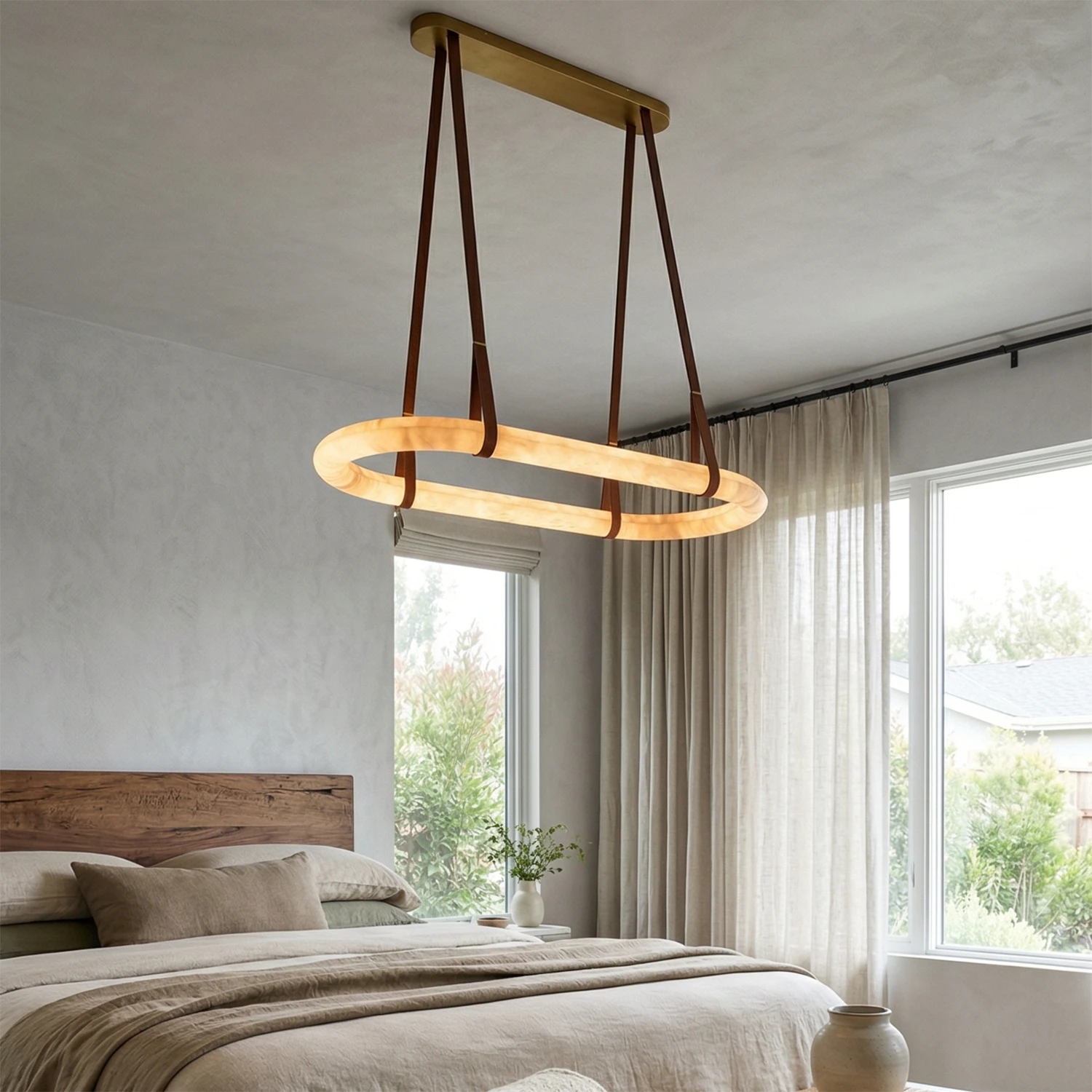 Alabaster Round Leather Chandelier - Serene Bedroom Illumination | HoaiLamp