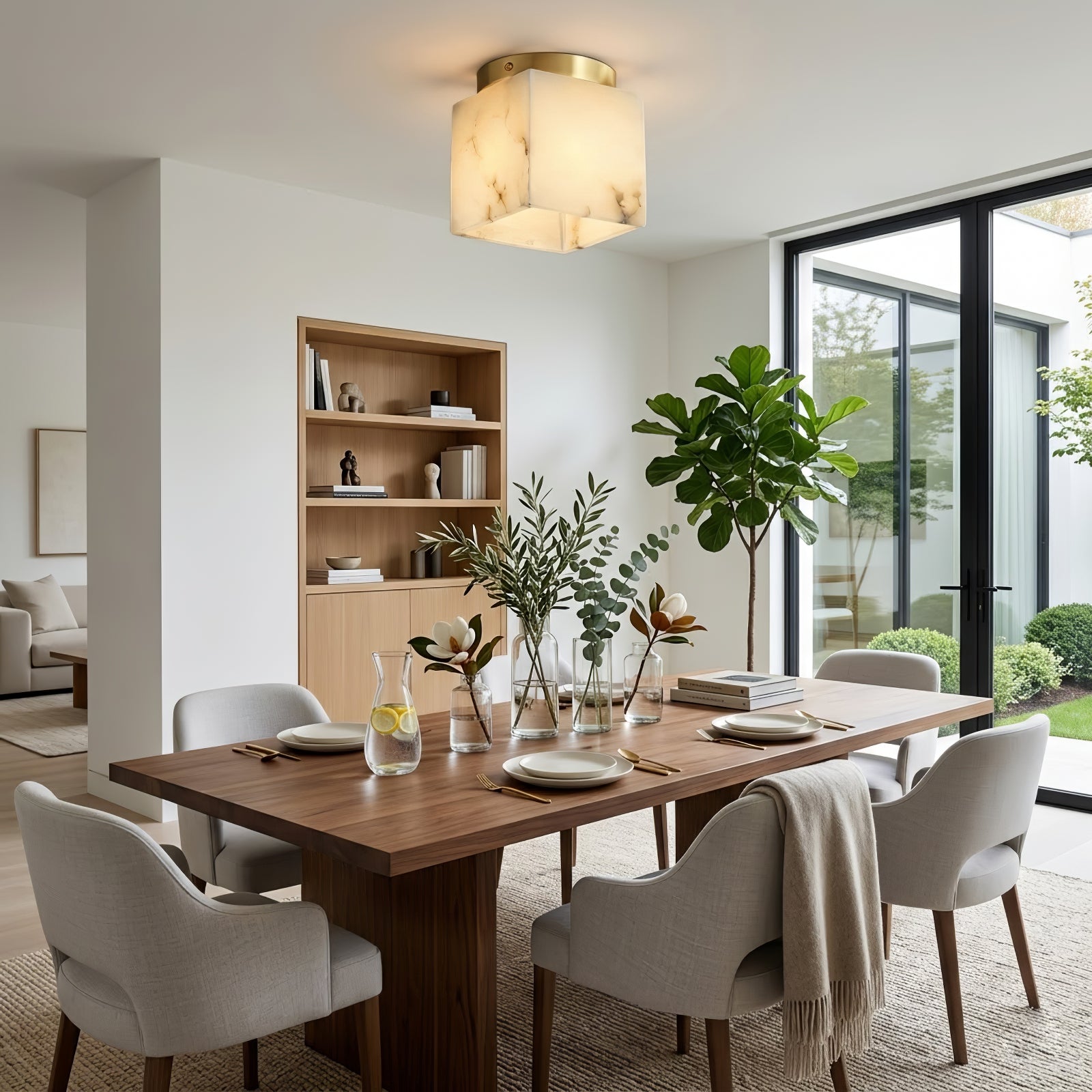 Alabaster Square Ceiling Light - Elegant Dining Room Upholstered Chairs Timber Table | HoaiLamp