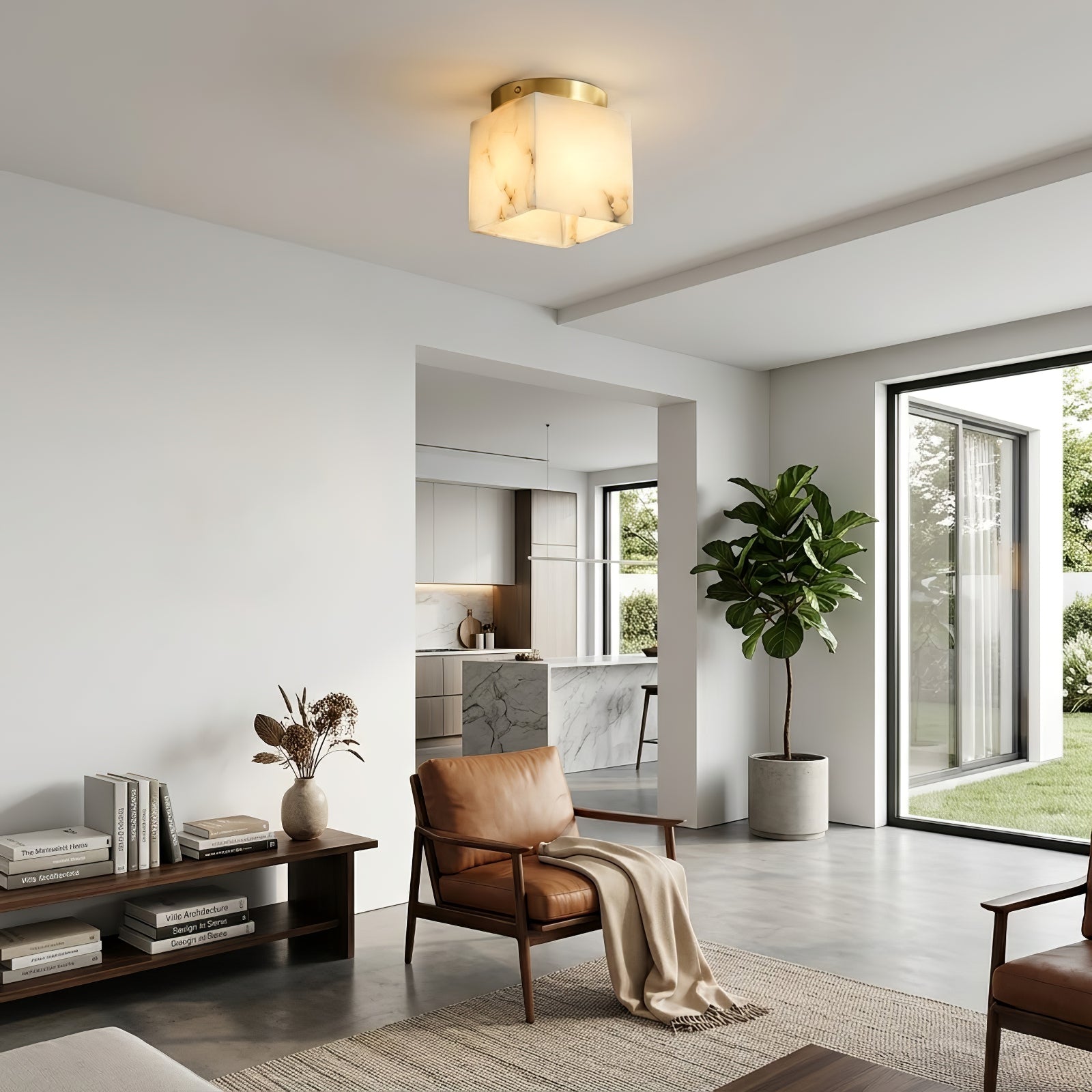 Alabaster Square Ceiling Light - Leather Armchair Backyard View Contemporary Salon | HoaiLamp