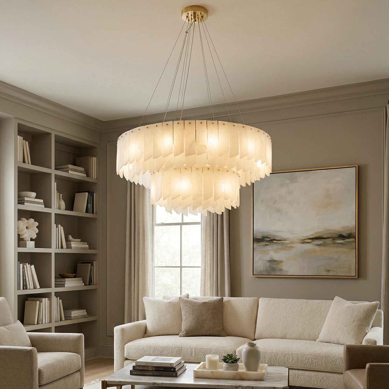 Cascade Alabaster Tiered Brass Chandelier-Modern Living Tiered Cascade - Multi-Layered Focal Point | HoaiLamp