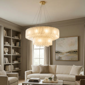 Cascade Alabaster Tiered Brass Chandelier-Modern Living Tiered Cascade - Multi-Layered Focal Point | HoaiLamp