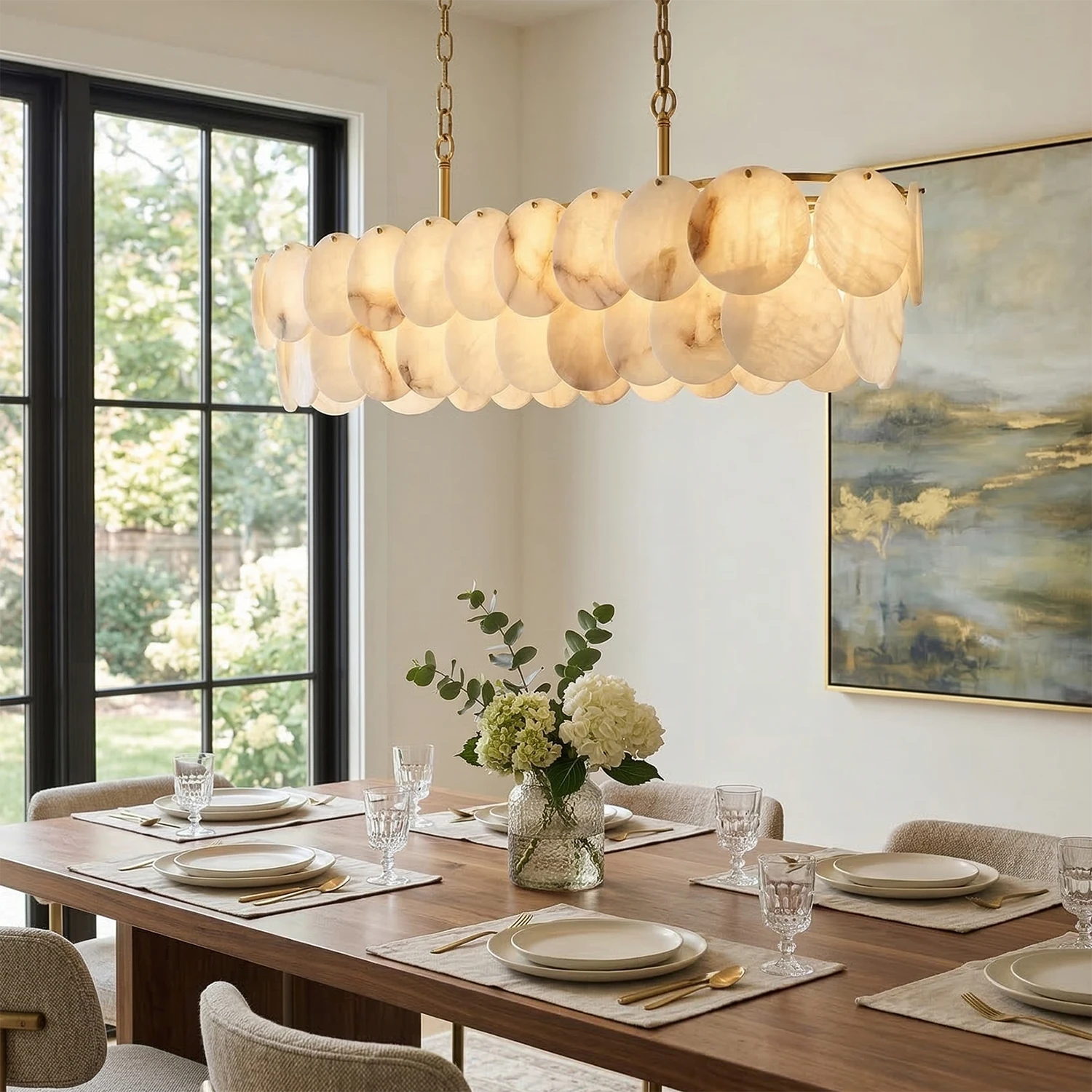 Alabaster Tiered Round Chandelier - Modern Dining Room Linear Pendant | HoaiLamp
