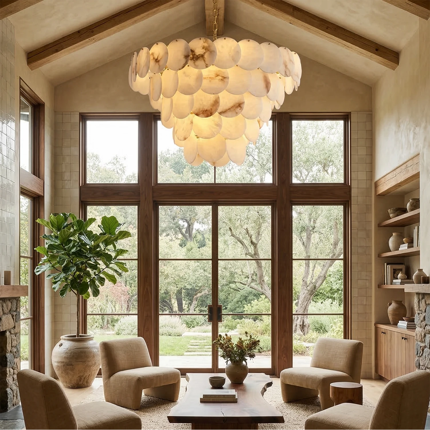 Alabaster Tiered Round Chandelier - Rustic High Ceiling Great Room Overhead Fixture | HoaiLamp