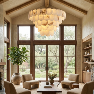 Alabaster Tiered Round Chandelier - Rustic High Ceiling Great Room Overhead Fixture | HoaiLamp