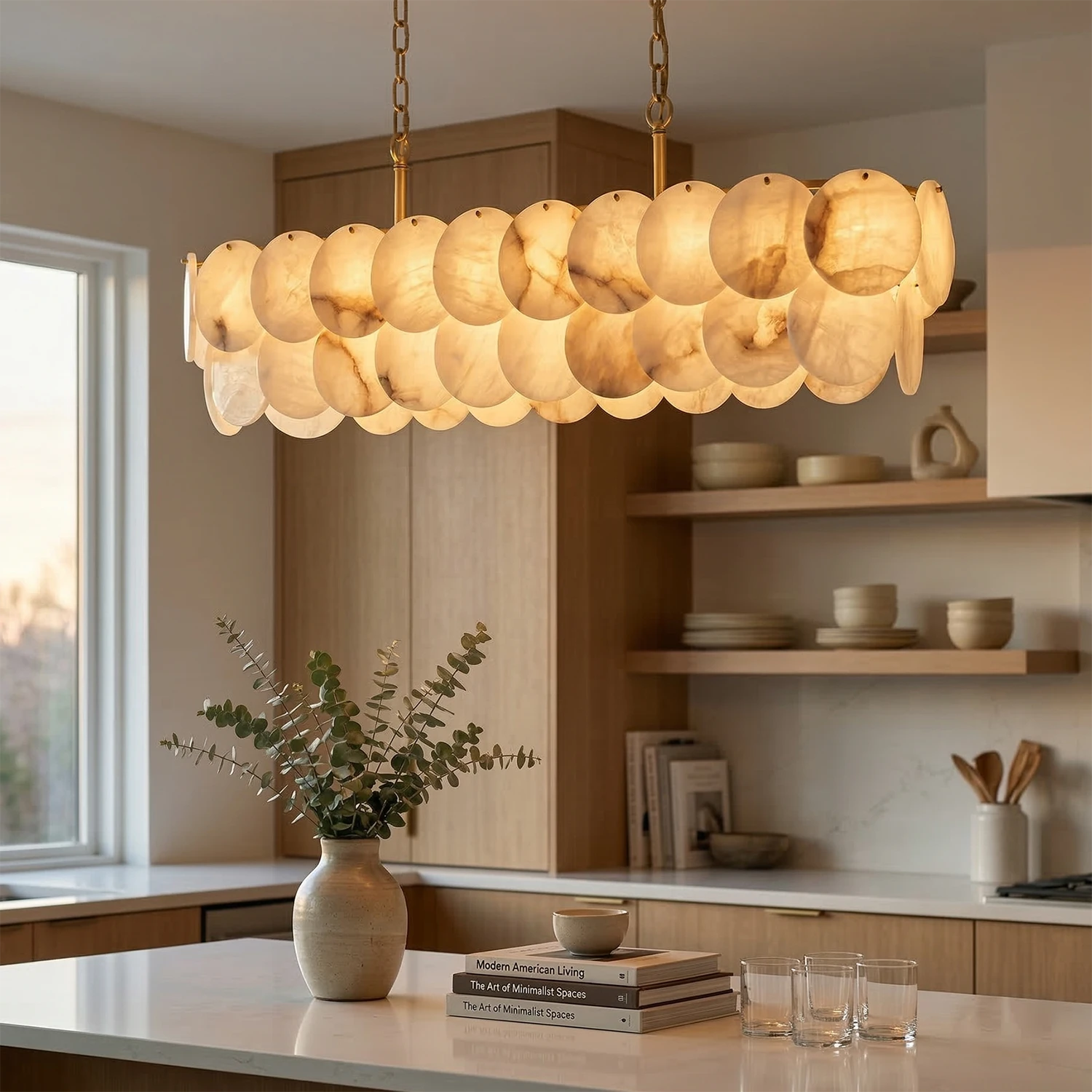 Alabaster Tiered Round Chandelier - Rustic Kitchen Counter Overhead Fixture | HoaiLamp