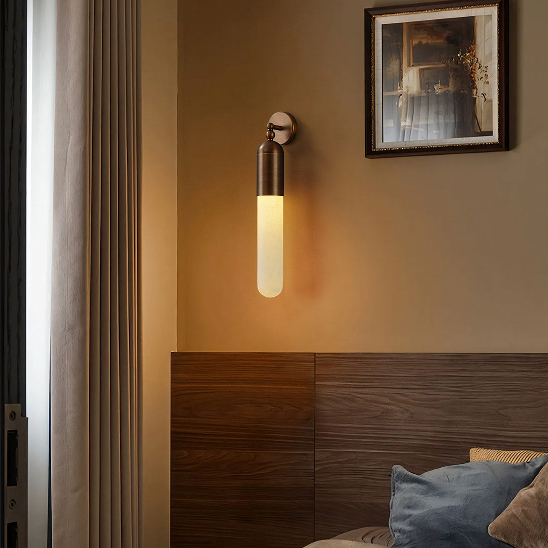 Alabaster Tube Wall Sconce - Moody Bedside Dark Wood Paneling Accent Wall | HoaiLamp