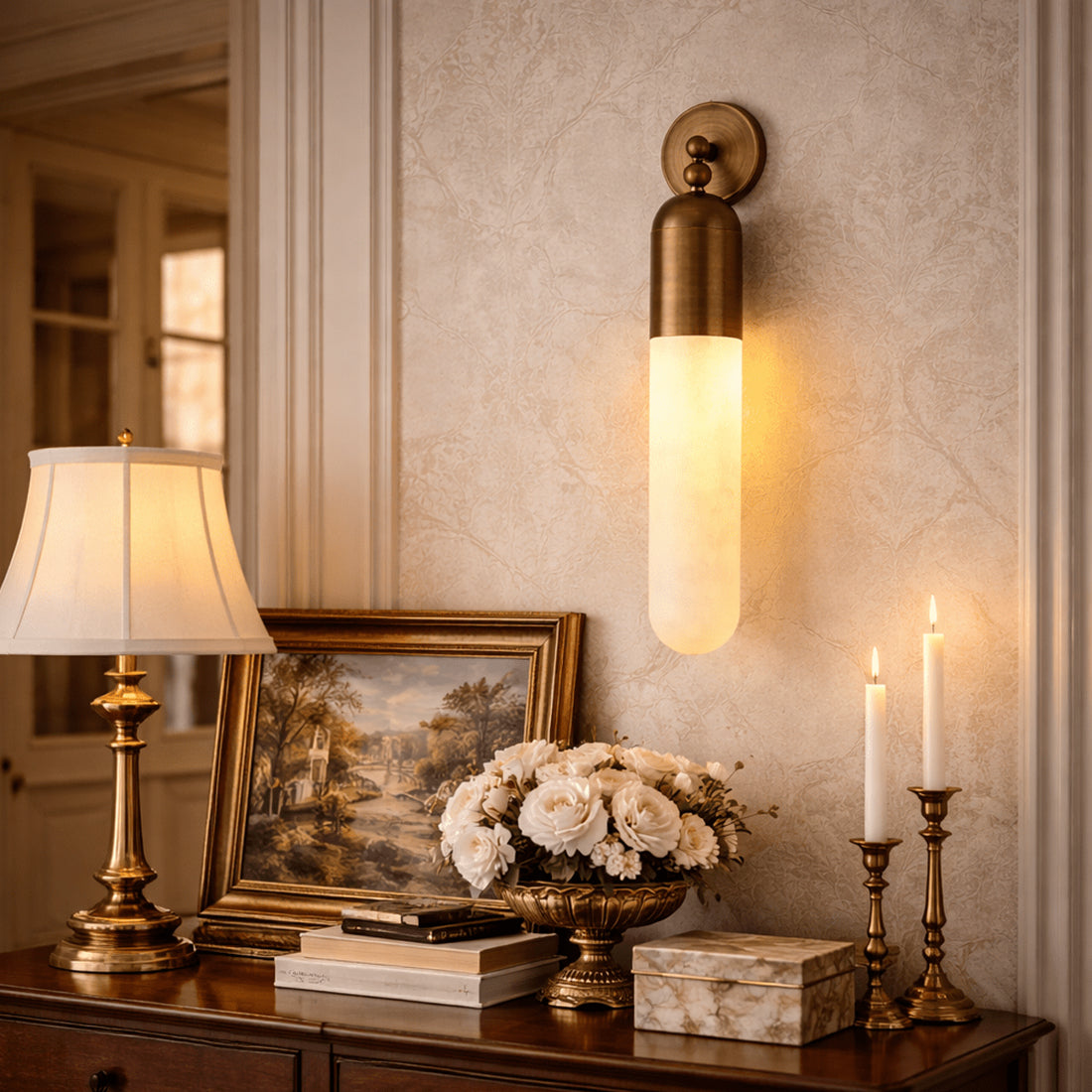 Alabaster Tube Wall Sconce - Elegant Console Table Vignette Classic Vintage Decor | HoaiLamp