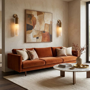 Alabaster Tube Wall Sconce - Luxury Living Room Terracotta Velvet Sofa Abstract Art | HoaiLamp