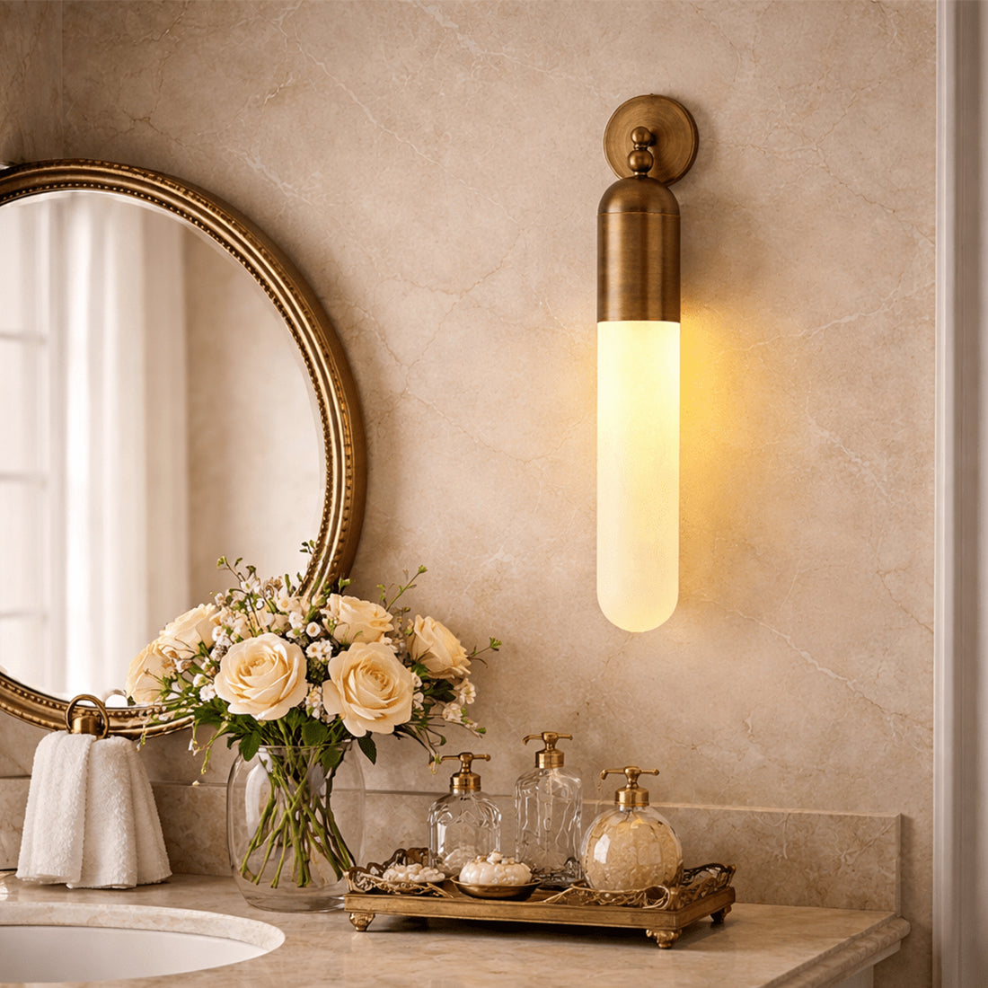Alabaster Tube Wall Sconce - Makeup Dressing Table Round Gold Mirror White Flowers | HoaiLamp