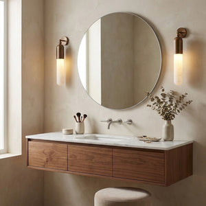 Alabaster Tube Wall Sconce - Modern Bathroom Vanity Round Mirror Floating Cabinet | HoaiLamp
