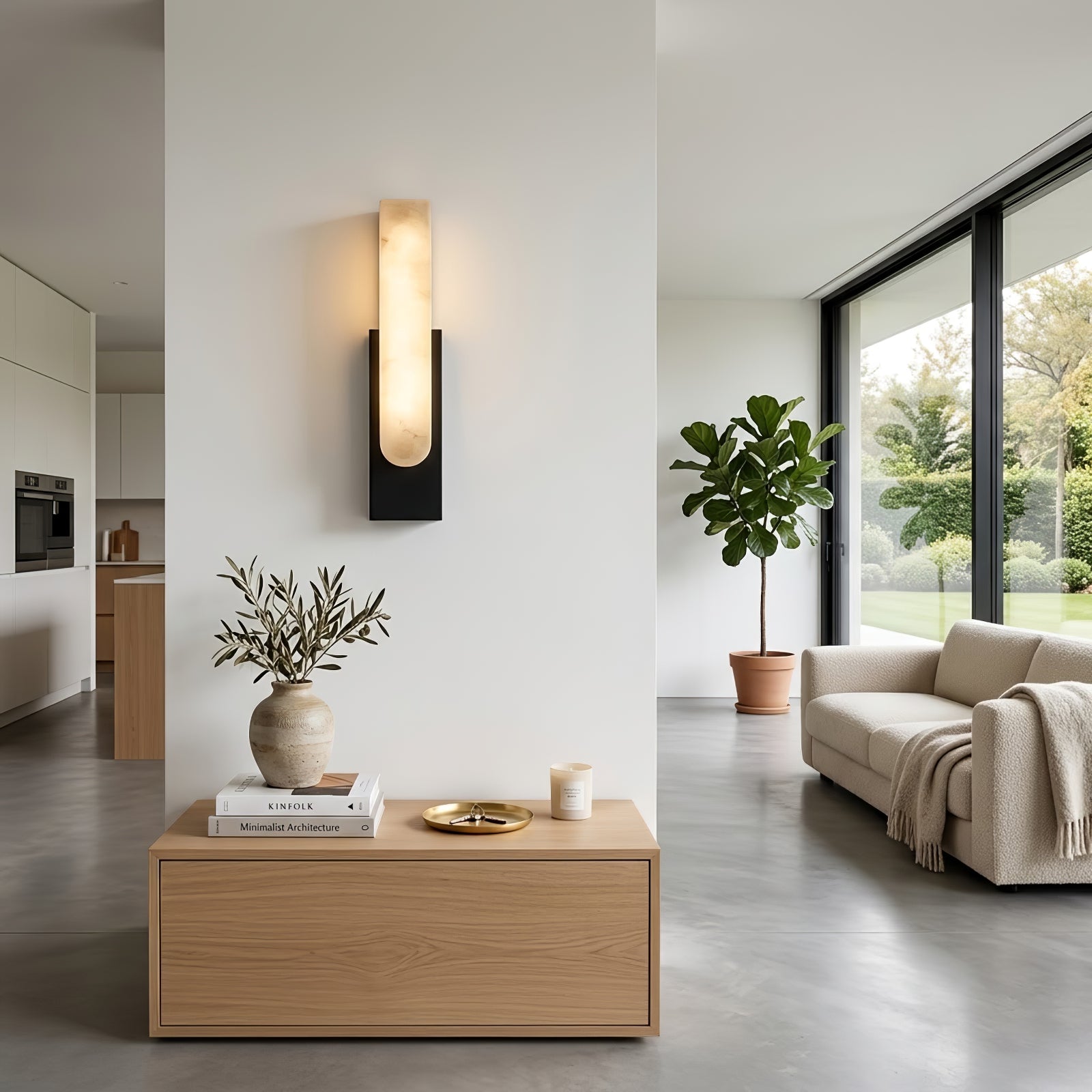 Alberta Brass Marble Wall Light - Contemporary Salon Wooden Block Stool Fiddle Leaf Fig | HoaiLamp