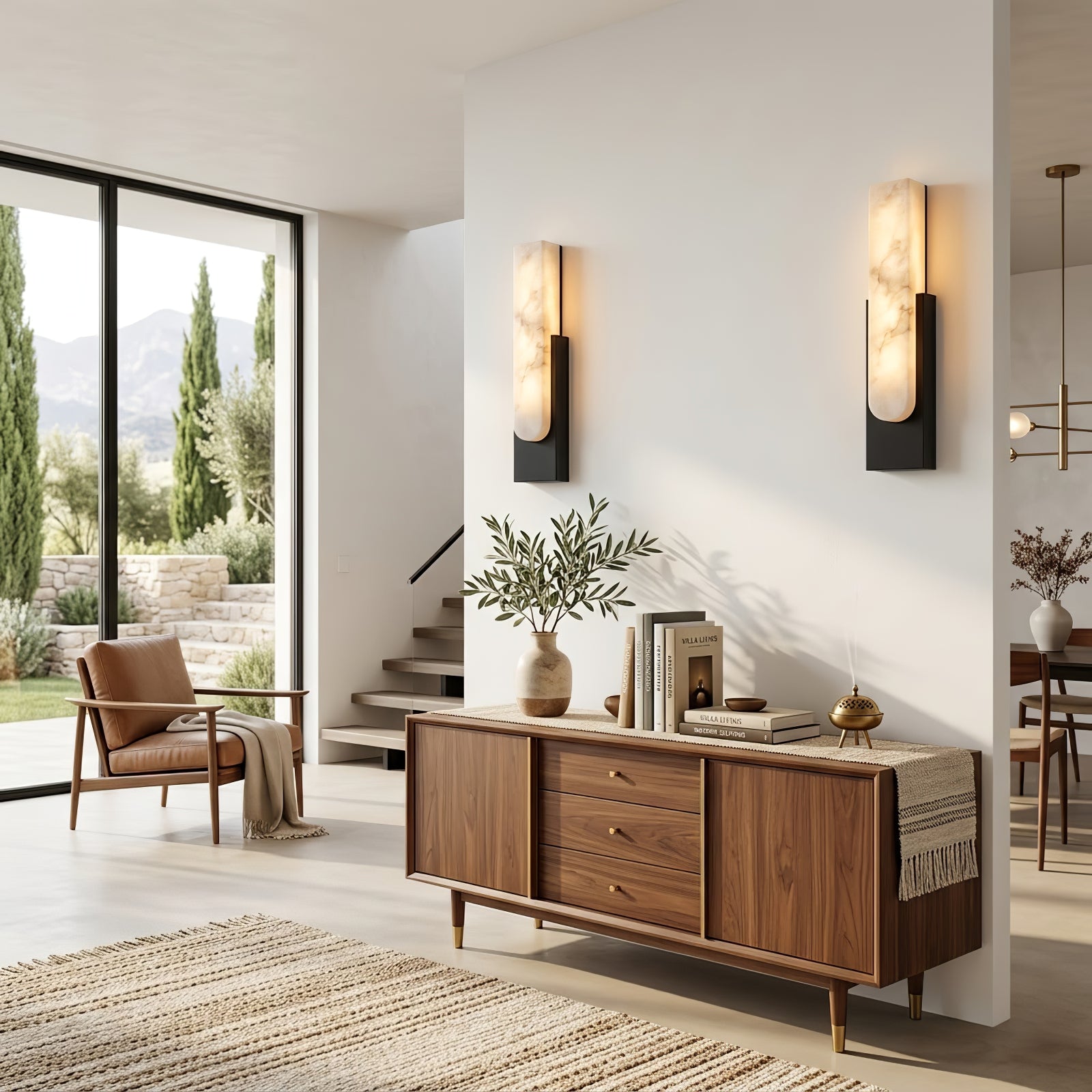 Alberta Brass Marble Wall Light - Symmetrical Living Room Setup Walnut Buffet Credenza | HoaiLamp