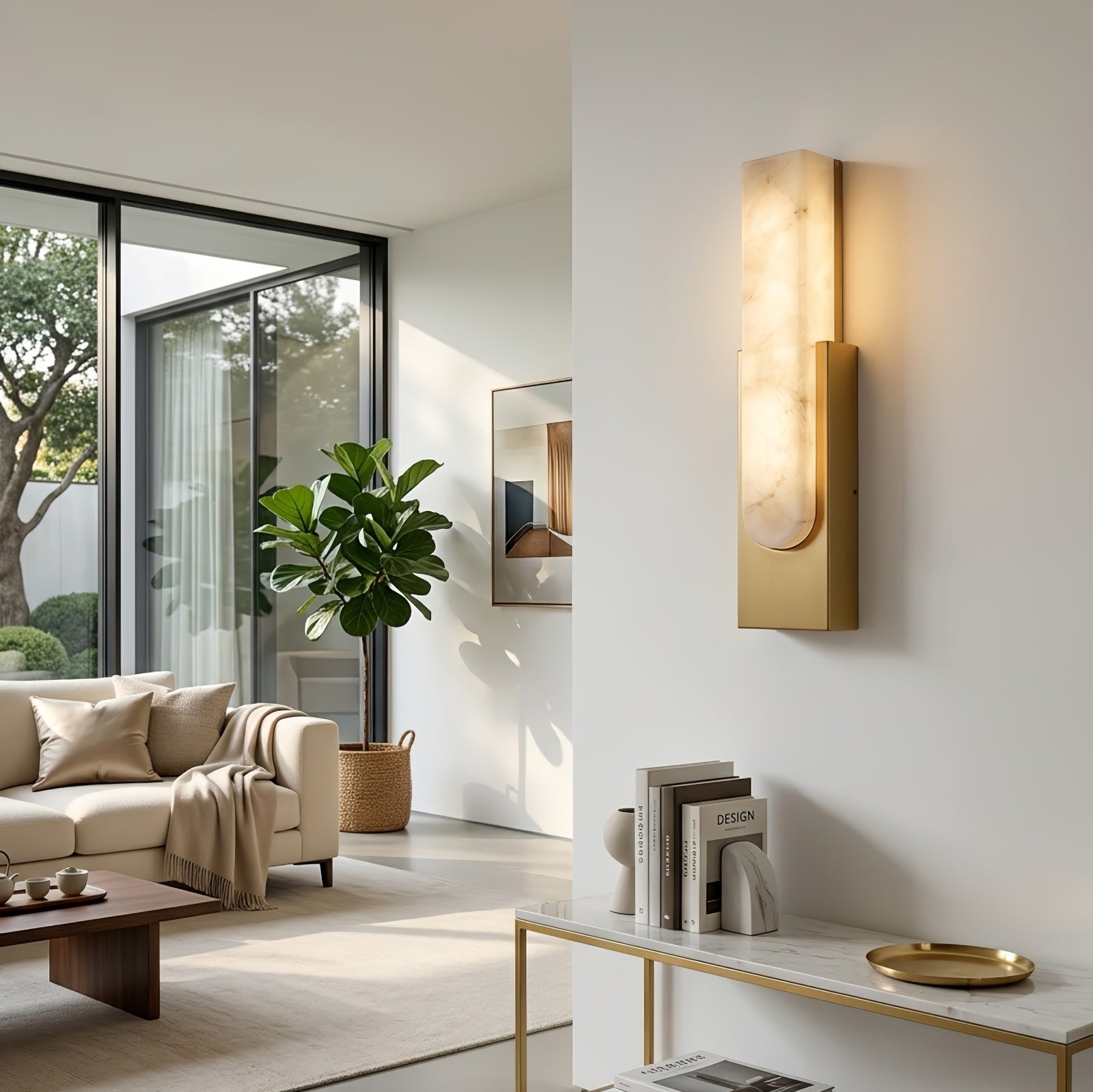 Alberta Brass Marble Wall Light - Serene Living Room Corner Bright Daylight Amber Accent | HoaiLamp