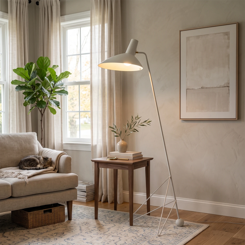 Aldric Mid-Century Tripod Floor Lamp beside a living room armchair | HoaiLamp
