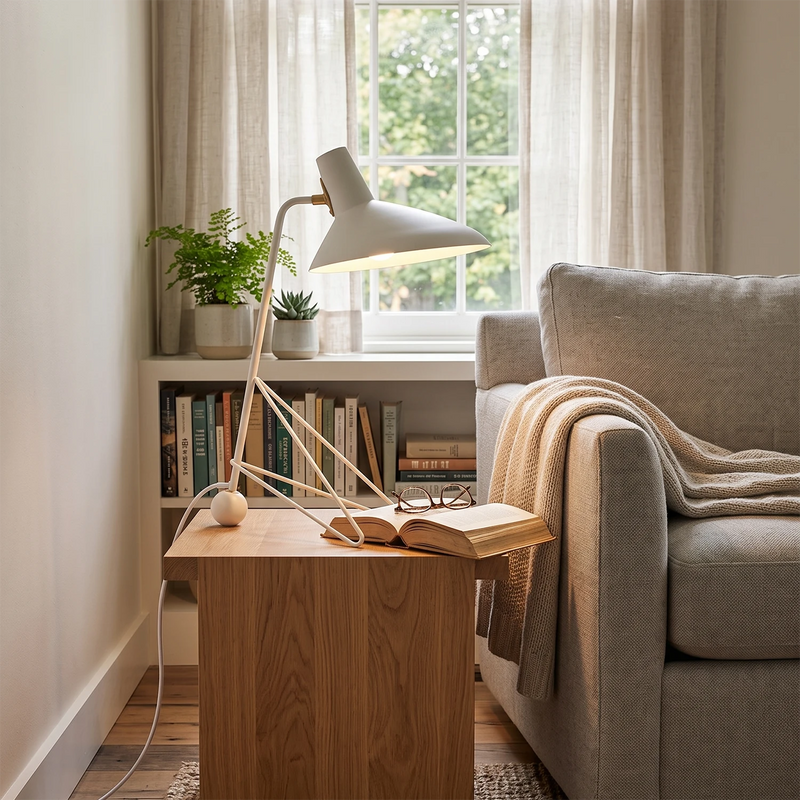 Aldric Mid-Century Tripod Table Lamp on a living room side table | HoaiLamp