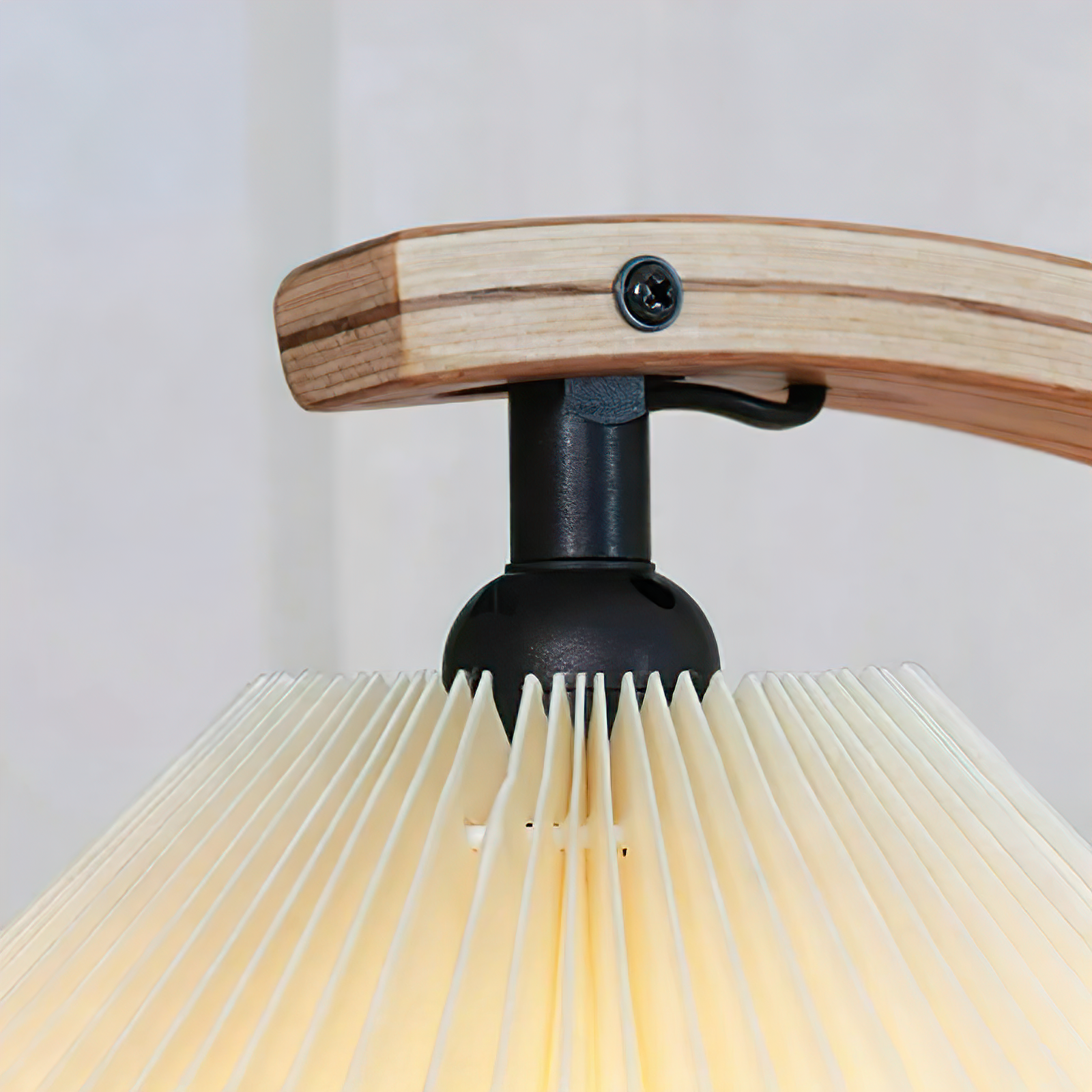 Arc Bentwood Floor Lamp - Pleated Fabric Shade Socket Hardware Detail | HoaiLamp