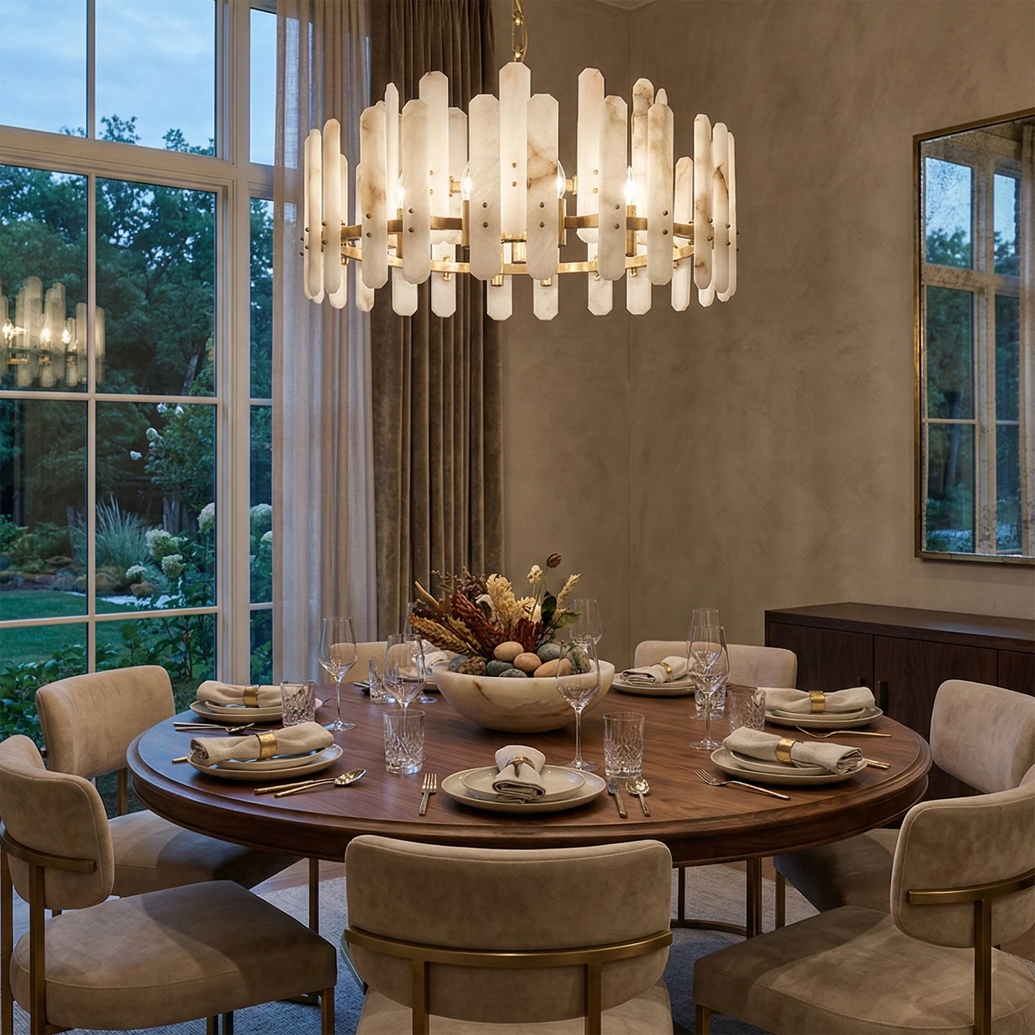 Artisanal Alabaster Large Chandelier - Formal Round Dining Table | HoaiLamp